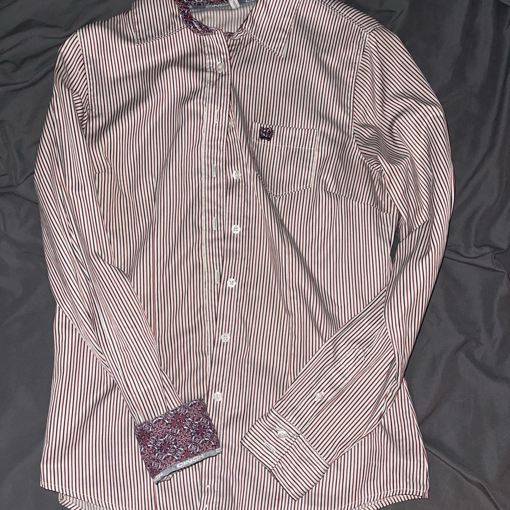 Cinch Women’s Maroon and White Striped Button-Down Shirt